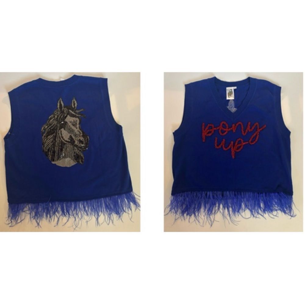 QUEEN OF SPARKLES Royal Blue Pony Up V-Neck Feather Trim Sweater Vest Size M